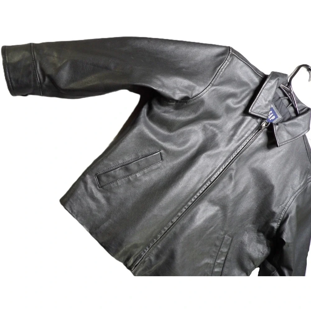 VTG Y2K Gap Black Leather Full Zipper Bomber Jacket Youth Boys M 7-8 Retro Biker